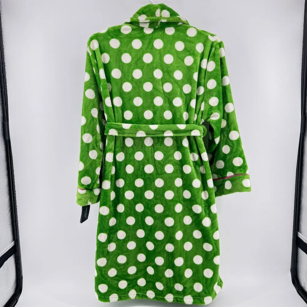 NEW Kate Spade Robe Womens M Green Polka Dot Plush Fleece Belted Pockets